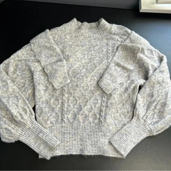 Women’s Large Wool Blend Sweater Ruffle Mock‎ Neck Diamond Cable Knit Fairycore - Picture 6 of 11